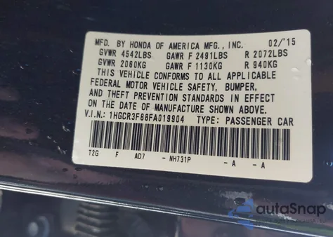 2015 Honda Accord Ex-L V-6 из США, поврежденный, VIN 1HGCR3F88FA019904